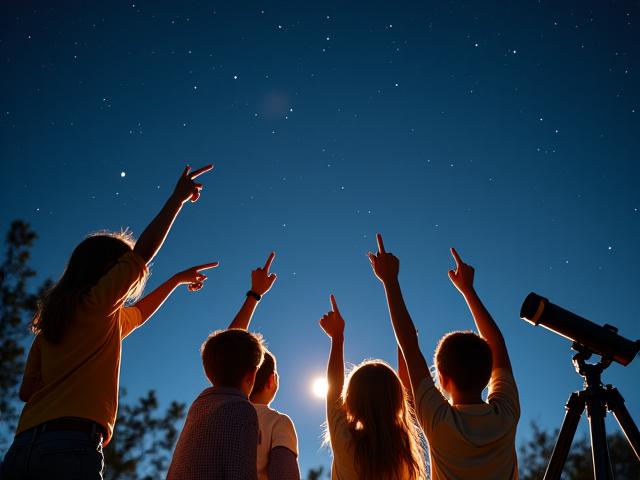子供たちがインストラクターと一緒に星空を見上げている様子