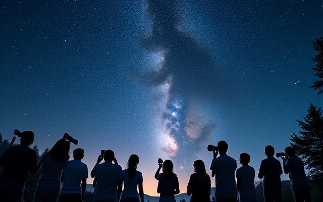 夏の夜空の下での星空観望会の様子